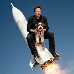 Elon Musk rides on top of a rocket, holding a dog in his hands
