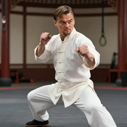 super chinese leonardo dicaprio wearing chinese attire in kung - fu stance, inside chinese gym, octane render, rule of thirds, sigma look, beautiful