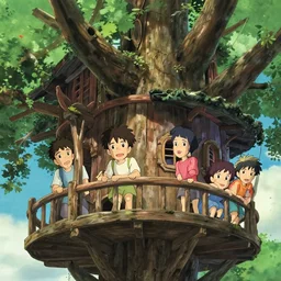 a film still disney animation of kids playing at a treehouse, sun light, finely detailed features, closeup at the faces, perfect art, very big treehouse, gapmoe yandere grimdark, trending on pixiv fanbox, painted by greg rutkowski makoto shinkai takashi takeuchi studio ghibli, akihiko yoshida,