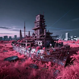 a beautiful very detailed highly detailed shipwreck unfinished building city nature by adolf loos, tokyo infrared at night meadow fisheye at dusk retrowave evil sci - fi cyberpunk postcyberpunk laser apocalyptic darkacademia anime biopunk, archdaily, wallpaper, highly detailed, trending on artstation.