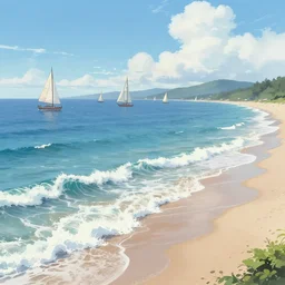 A serene coastline with LOTS OF SAILBOATS bright sunny waves splashing on the beach, rendered by simon stålenhag, rendered by Beeple, Makoto Shinkai, syd meade, environment concept, digital art, starwars, unreal engine, 3 point perspective, WLOP, trending on artstation, low level, 4K UHD image, octane render,