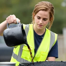 photo, close up, emma watson in a hi vis vest, pouring asphalt, portrait, kodak gold 2 0 0,