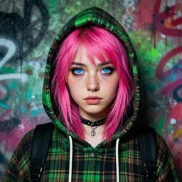 highly detailed portrait of a sewer punk lady student, blue eyes, freckles, tartan hoody, pink hair by atey ghailan, by greg rutkowski, by greg tocchini, by james gilleard, by joe fenton, by kaethe butcher, gradient green, black, brown and magenta color scheme, grunge aesthetic!!! ( ( graffiti tag wall background ) )