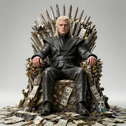 man sitting, on a throne made of money, coins and dollars, in the style of game of thrones