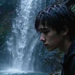 young person looking through waterfall, with clear glass, melancholic, sad, lots of raindrops, detailed, cinematic, dramatic lighting