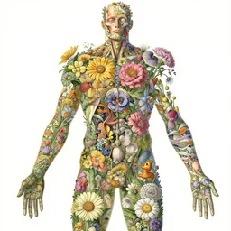 highly detailed illustration of a human anatomy body exploded by all the known species of flowers by juan gatti, by moebius!, by gottfried bammes, by oliver vernon, by joseph moncada, by damon soule, by manabu ikeda, by kyle hotz, by dan mumford, by kilian eng