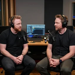 a picture of joe rogan, in the his recording studio, talking to elk god. still from podcast. 4 k, hd.