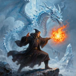 A highly detailed, fantasy oil painting by Greg Rutkowski of a sorcerer casting a fireball spell against a huge ancient ice dragon