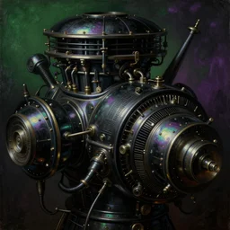 a baroque neoclassical science fiction painting close - up of detailed black retrofuturistic lovecraftian engine technology. reflective iridescence. deep green and purple atmosphere. renaissance painting. highly detailed science fiction painting by norman rockwell, frank frazetta, and syd mead. rich colors, high contrast, gloomy atmosphere, dark background. trending on artstation