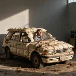 mike lindell driving a car made out of dirty pillows