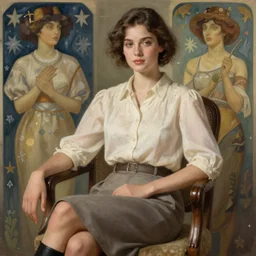 pretty lady wearing blouse and skirt sitting in a chair. highly detailed, digital painting, artstation, concept art, smooth, sharp focus, illustration, art by artgerm and alphonse mucha, high definition digital art, in the style of Ross tran and ilya kuvshinov