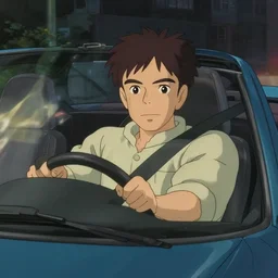 a 50 year old brunnete chinese man driving a very fast car, horror scene, dramatic, anime art, Greg Rutkowski, studio ghibli, dramatic lighting