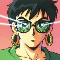 risograph grainy painting of running man anime - like hero protagonist face, matte colors, with huge earrings and glasses with a lot of details and lasers, covered with plants, by moebius and dirk dzimirsky and satisho kon, close - up wide portrait