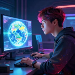 the portrait of a man staring at a glowing meaningful mulicolored monitor showing the earth on a desk in a futuristic computerworkroom, young idol, an ultrafine hyperdetailed illustration by kim jung gi, irakli nadar, fluorescent colors, octopath traveler, unreal engine 5 highly rendered, global illumination, radiant light, intricate environment, 8 k