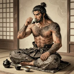 japan medieval samurai man sitting in tea house and drinking sake, full body, hairy torso, D&D, fantasy, intricate, elegant, highly detailed, digital painting, artstation, concept art, matte, sharp focus, illustration, art by Artgerm and Greg Rutkowski and Alphonse Mucha