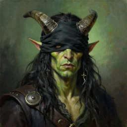 dnd head and shoulders portrait, green - skinned, male tiefling, pirate, sickly, untrustworthy, horned, blindfolded, greasy long black hair, scrawny, by charlie bowater, lise deharme, wlop, trending on artstation, dungeons and dragon, dnd, pathfinder, fanart, oil on canvas