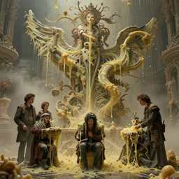 people melting like wax, high detail, 8k, ornate, masterpiece, complex, haze, film still from the movie directed by Denis Villeneuve with art direction by Pablo Picasso and Greg rutkowski, Alex Gray