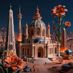 hyperrealistic hyper detailed night shot of neo-baroque mars colony with brutalist monuments and giant carnivorous flowers matte painting concept art key sage gustave courbet very dramatic orange and blue lighting high angle hd 8k sharp shallow depth of field