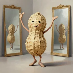 painting of peanut with arms and legs and a face dancing ballet, studio, mirrors, lighting
