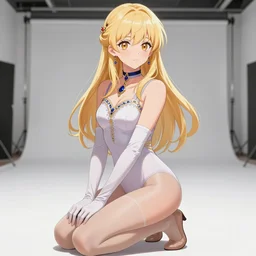 Worksafe. Illustration, close-up, elegant blonde princess posing in empty photo studio, wearing leotard, jewelry, elbow gloves, choker, pantyhose tights, high heels. anime style at Pixiv, Danbooru and ArtStation, by krenz cushart, makoto shinkai, tony taka, ilya kuvshinov, shirow masamune, extremely detailed, HD, clean image, high quality