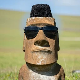 moai statue wearing large sunglasses and a black pompadour