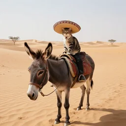 photo of a cat with a sombrero on his head riding on top of a donkey in the middle of the sahara desert