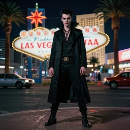 full body portrait of a punk vampire on the Las Vegas strip at night by tom bagshaw, cinematic, hyper realism, high detail, octane render, 8k, trending on artstation, CGsociety, concept art, 35mm, kodak portra