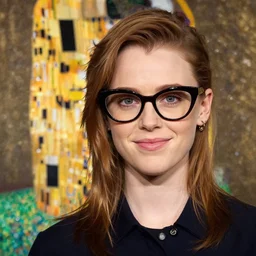 a portrait of female asa Butterfield mixed with pam beesly, a slight smile, she is wearing cat-eye glasses by gustav klimt