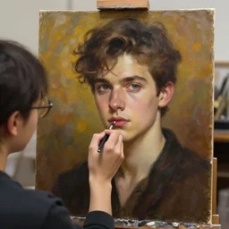 painter puts the finishing touches on his latest portrait, that of young handsome man, oil on canvas, masterpiece, realism, piercing gaze, autumn bokeh