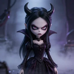full shot portrait of kawaii angry darkness vampire anime girl, gothic clothing, worrying eyes, inspired by Tim Burton, detailed, unreal engine 4k volumetric light, fog,