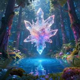 mystical colorful cyberpunk forest with a clear blue lake in a clearing where an abstract nebula crystal sculpture is floating above it, powerful, ethereal, vaporwave