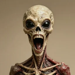humanoid with crooked teeth, sepia tint, two shallow black eyes, long open black mouth, alien looking, big forehead, horrifying, killer, creepy, long open black mouth, dead, looking straight into camera, realistic, slightly red, long neck, boney, monster, tall, very skinny, skullish, big forehead, in the style of alfred kubin