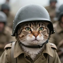 Close up of a cat wearing soldier helmet in the battle, WW2 historical photography