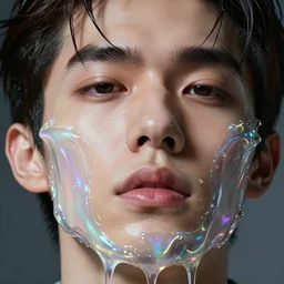 extreme close up of gorgeous! hyperrealistic male face melts like iridescent ice cream, digital art masterpiece, highly detailed neo pop surrealism, jason limon kay sage hannah yata, dramatic lighting, low angle, uhd 8 k, sharp focus