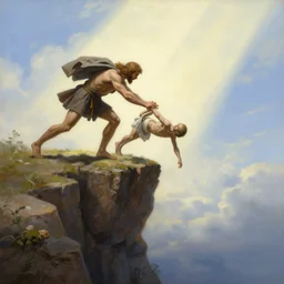 an amazing realistic painting of cain pushing abel from the edge of a cliff with a divine light in the sky, majestic mountains in the background, very detailed, painting by adolph friedrich erdmann von menzel, beautiful art, smooth, elegant, intricate, vibrant, colorful