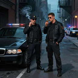 two mafia criminals standing in a dark alley in new york and smoking a cigar while a black bmw is parked next to them, police cars in the distance, digital illustration, amazing detail, in the style of greg rutkowski and artgerm