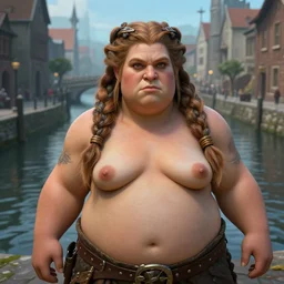 a chubby dwarven woman by a canal the middle of the city, by johan grenier, fantasy artwork, warcraft, intricate braided hair, short plump figure, smooth, highy detailed face, centered, ultra detailed, 8 k, hd