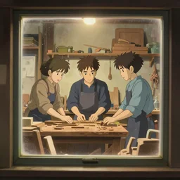 seen through a window, woodworker shop, detailed, cory loftis, james gilleard, atey ghailan, makoto shinkai, goro fujita, studio ghibli, rim light, exquisite lighting, clear focus, very coherent, plain background, soft painting
