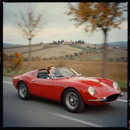 kodak portra 4 0 0, wetplate, muted colours, 1 9 3 0 s style, motion blur, portrait of a red sports car driving through tuscan countryside in autumn by britt marling