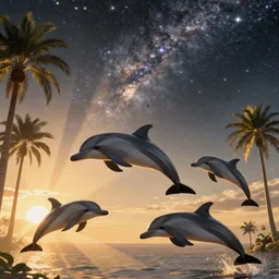 dolphins swimming, golden hour, god rays, dreamscape by artgerm and ruan jia and ismail inceoglu and greg olsen, palm trees, cosmos, milky way galaxy, masterpiece, beautiful, intricate, elegant, highly detailed
