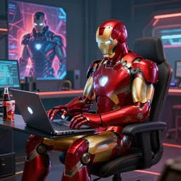 iron man sit on chair and play laptop in detailed gamer room, chips and coke on table, cyberpunk concept art, trending on artstation, highly detailed, digital art, 8 k