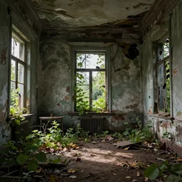 ruined, abandoned polish mansion, seen from inside and overgrown by plants. First light of day falls through the broken windows. Dirt, leaves on ground. Octane render. Substance painter. Zbrush. Trending on artstation. 8K. Highly detailed.