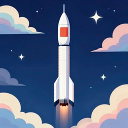 a frontal drawing of a vertical rocket center in the image flying in a dark blue background and colorful clouds with stars by takashi murakami, beeple and james jean, aya takano color style, trippy, 8 k, super detailed, night sky, digital art, digital painting, clean