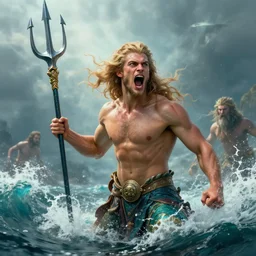 a portrait of strong and proud young Poseidon with trident in his hands, screaming, ready to fight, rising from the ocean by Ross Tran and Thomas Cole and Wayne Barlowe