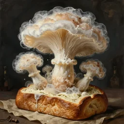 fluffy, giant diaphanous fungi mold raising out of an old bread. painting by zurbaran, max ernst, agnes pelton, rene magritte, walton ford