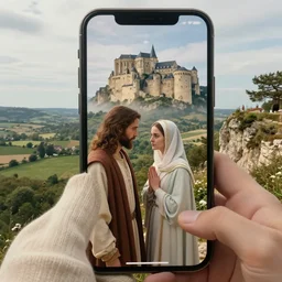selfie from a mobile phone of jesus and mary magdalene standing on a cliff looking over a beautiful landscape in france, rennes - le - chateau, award winning photo, very detailed, very realistic cinematic