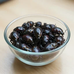 glass bowl full of dung beetles on a table