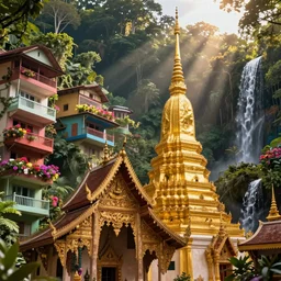 Temple of the Golden Buddha in Chiang Mai, Thailand. , Unreal Engine, Highly Detailed, Dramatic Lighting, beautiful raking sunlight, apartments with colorful balconies, flowers, Forest and waterfall, 4K, 8k, high quality