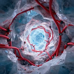 geometric ice cavern with red watercooling coolant tubing, spiky edges, octane render, raytracing, subsurface scattering, global illumination, 8 k, album cover