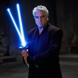 Guy Fieri in Star Wars Revenge of the Sith, Jedi Knight, blue light saber, movie still, cinematic, kodak 2383, 35mm anamorphic lens, by George Lucas